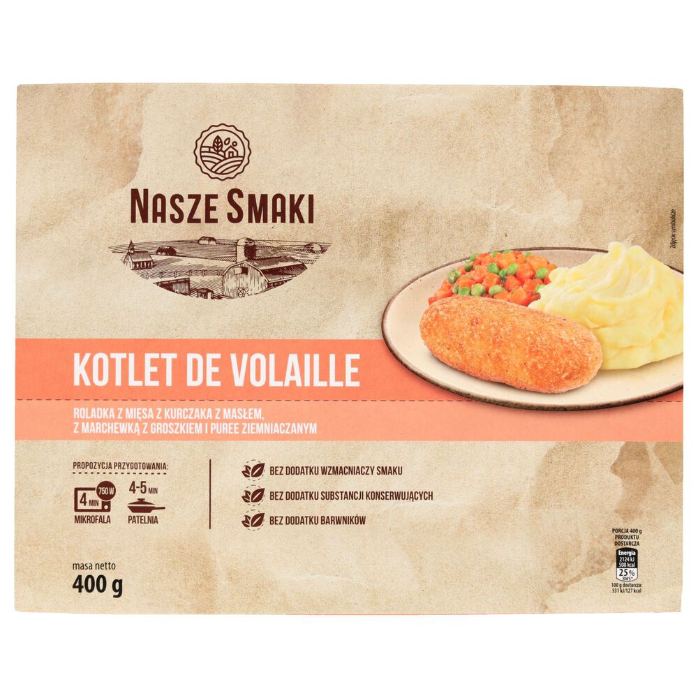 Nasze Smaki Kotlet De Volaille Roladka z mięsa z kurczaka z masłem, z marchewką z groszkiem i puree ziemniaczanym 400 g. /szt.